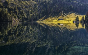 grass, calm, lake, Alps, cabin, water