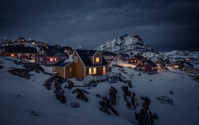 house, landscape, Greenland, overcast, snow, town