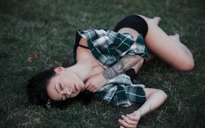 grass, brunette, girl, legs, shirt, tattoo