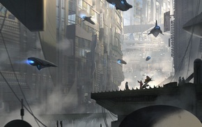 airships, futuristic, science fiction, spaceship, city