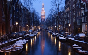 Netherlands, boats, city, river, Amsterdam, street light