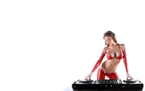 headphones, white background, brunette, flat belly, body paint, mixing consoles