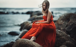 feet, red dress, girl, windy, coast, Evgeniy Reshetov