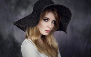 hat, eyes, blonde, looking at viewer, white tops, Irina Popova