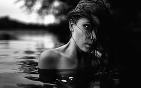 girl, water, monochrome, model, face
