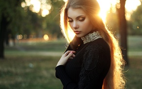 sunset, girl, looking down, portrait, blonde, dress