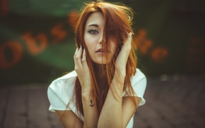 redhead, tattoo, brown eyes, nose rings, face, Victoria Ryzhevolosaya