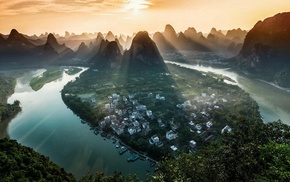 mountain, nature, landscape, village, river, China