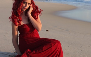 beach, redhead, model, girl outdoors, dress, girl