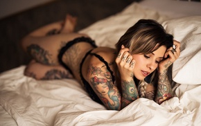 black bras, model, lingerie, in bed, tattoo, girl