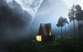 nature, trees, mist, house, mountain