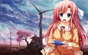 anime girls, braids, windmills, pink hair, cherry blossom, controllers