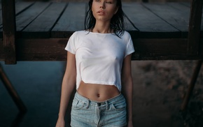 girl, portrait, wet body, jean shorts, boobs, skinny