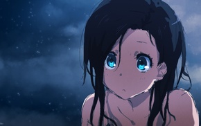 anime girls, long hair, black hair, topless, original characters, blue eyes