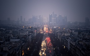mist, street, La Defense Paris, road, cityscape, building