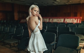 white dress, Georgiy Chernyadyev, bare shoulders, back, dress, girl