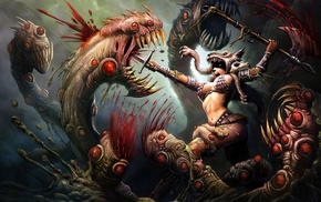 illustration, fantasy art, creature, weapon, warrior
