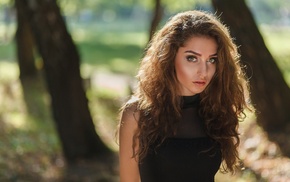 girl outdoors, black dress, portrait, girl, wavy hair