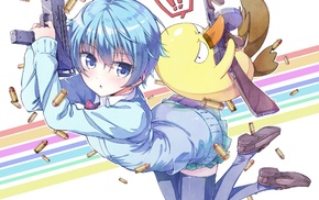 blue hair, anime girls, Goutokuji Kayo, Sabagebu, gun