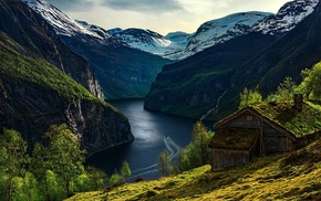 nature, landscape, cabin, fjord, trees, waterfall