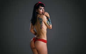 looking at viewer, tattoo, girl, lingerie, ass, simple background