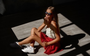 skinny, wooden surface, girl, sitting, skirt, girl with glasses