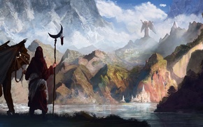 mountain, statue, fantasy art, artwork, angel, dragon
