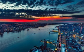 USA, sunset, cityscape, water, clouds, New York City