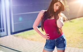 brunette, looking at viewer, girl, jean shorts, tank top, straight hair