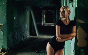 legs together, blonde, tight clothing, ruins, walls, bodysuit