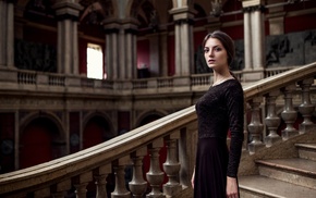 brunette, stairs, building, Maxim Guselnikov, girl, dress