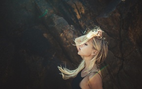 girl, blonde, side view, no bra, windy, lens flare