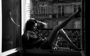 girl, house, window, model, monochrome
