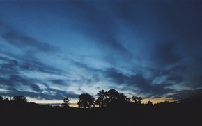 clouds, sky, sunset, nature, trees, night