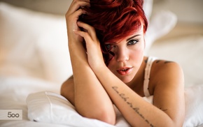 redhead, hands in hair, girl, portrait, in bed, model