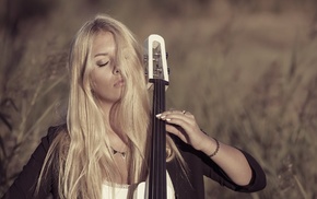 closed eyes, nature, model, blonde, music, hair in face