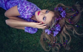 grass, dress, lying down, closed eyes, auburn hair, girl