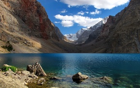 water, snow, lake, mountain, clouds, landscape