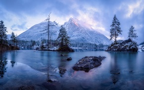 winter, mountain, forest, lake, nature, frost