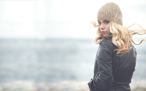 blue eyes, girl, leather jackets, woolen, blonde, looking at viewer