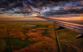 clouds, aircraft, landscape, sunset