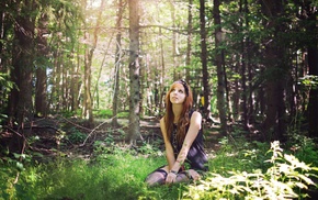 redhead, long hair, forest