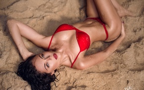 red lipstick, blue eyes, sand, red panties, red bras, brunette