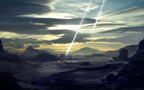 asteroid, landscape, Sun, artwork, fantasy art
