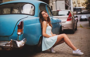 girl, legs, crouching, depth of field, dress, classic car
