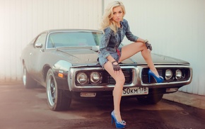 blonde, girl, jean shorts, sitting, car, Dodge Charger
