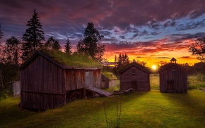 sky, sunset, cabin, trees, clouds, ancient