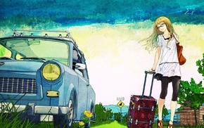 car, anime girls, sky, original characters