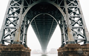 cityscape, Brooklyn, Hudson River, mist, bricks, arch