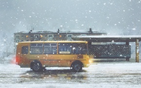 snow flakes, buses, city, road, alone, sadness